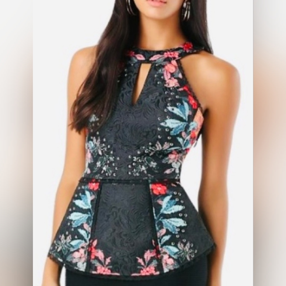 BEBE Peplum Tank Keyhole Black Lace Floral with Studs